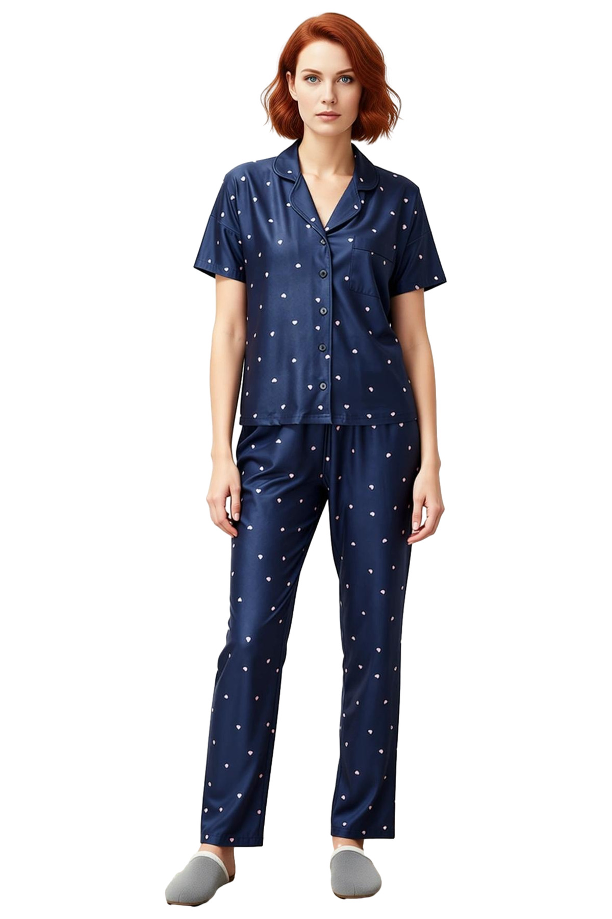 Kadın Kalpli Örme Pijama Takımı Rahat Şık Kısa Kollu Regular Kalıp Premium Kalite Seçkin Malzeme