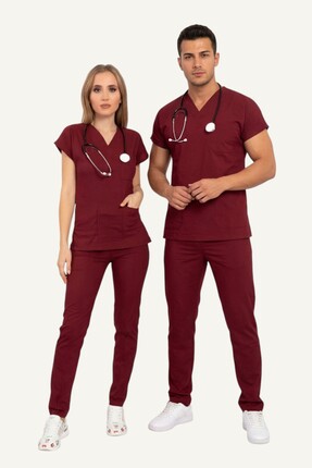 Nur Medikal Giyim Unisex Kadın Erkek Bordo Renk Likralı Doktor Hemşire Hastan...