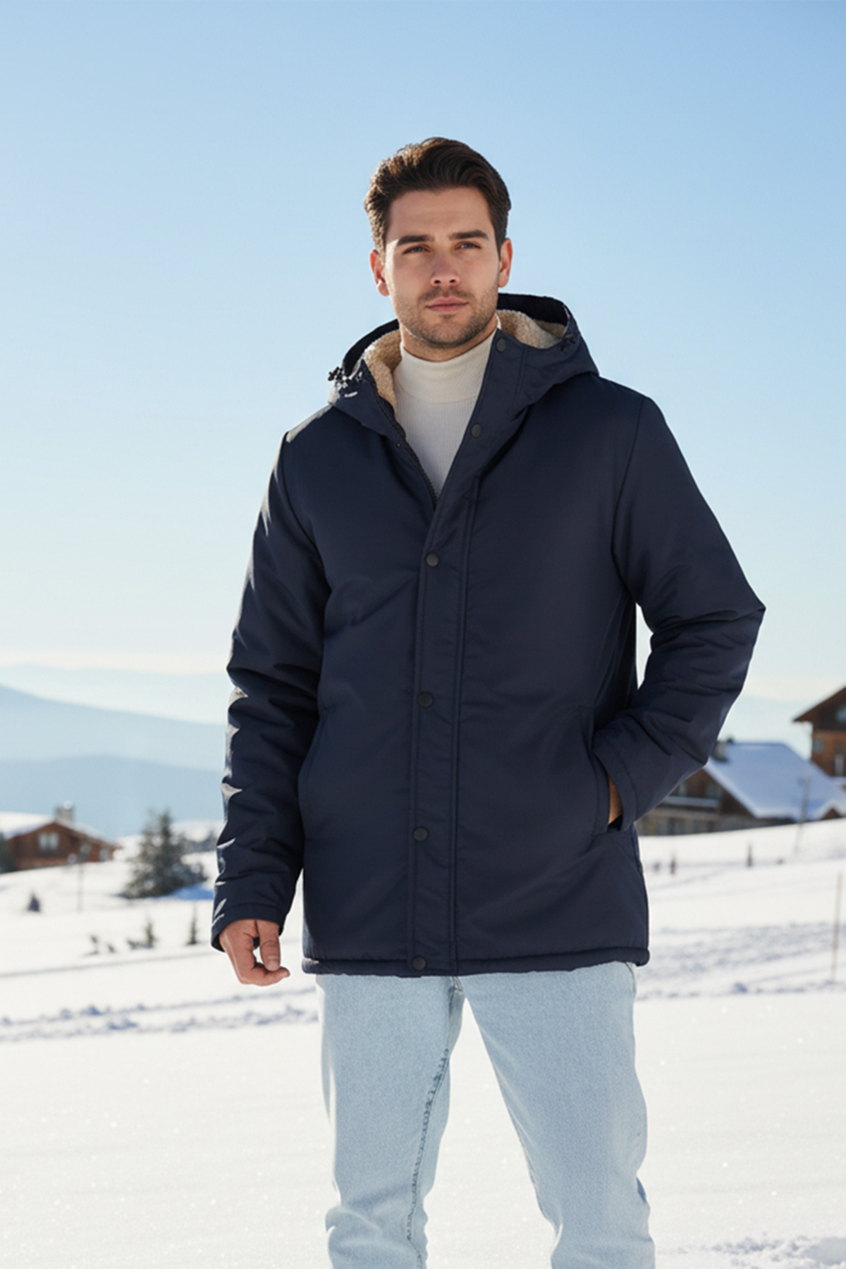 D1fference  Erkek Kışlık Parka Sıcak Tutan Dolgu İçi Kürklü Su İtici Rüzgar Geçirmez Kapüşonlu Parka Mont - Görsel 6