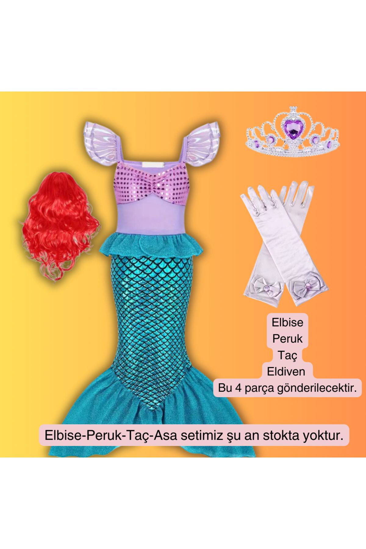 darko Kız Çocuk Deniz Kızı Tütü Mor Elbise Denizkızı Kostüm Balık Kuyruğu 4lü Set Kırmızı Kızıl Peruk Taç