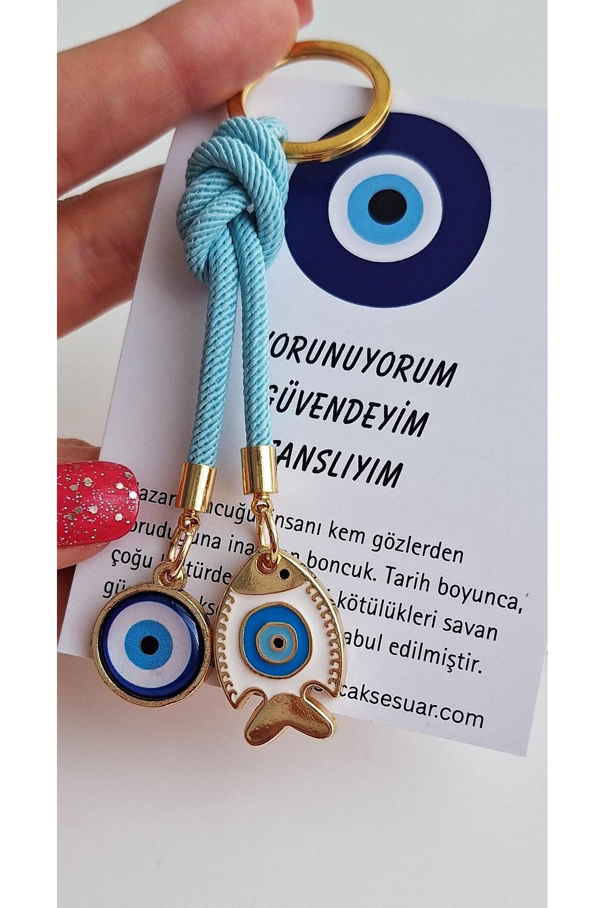 Gift Double Evil Eye Keychain Beaded Light Blue Luck Fish Key Ring 10.5cm
