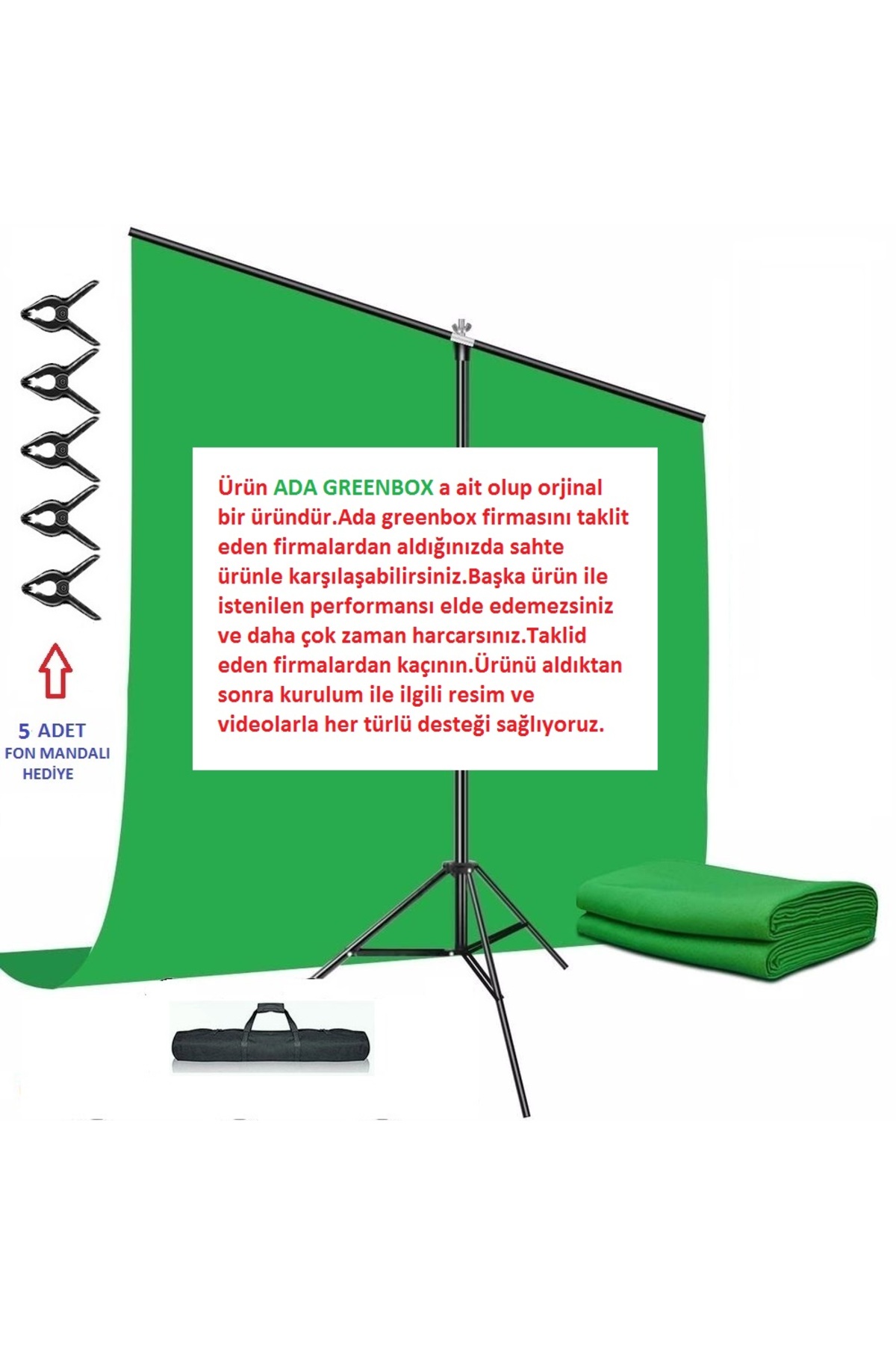 Green Screen Greenbox Yeşil Fon Perde (1.5x2 M) + Tek Ayaklı Fon Standı + 5 Mandal