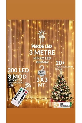 sgeteknoloji 300 Ledli 10 Sarkıtlı Uzaktan Kumanda 8 Fonk Sarı Perde Led 3x3m...