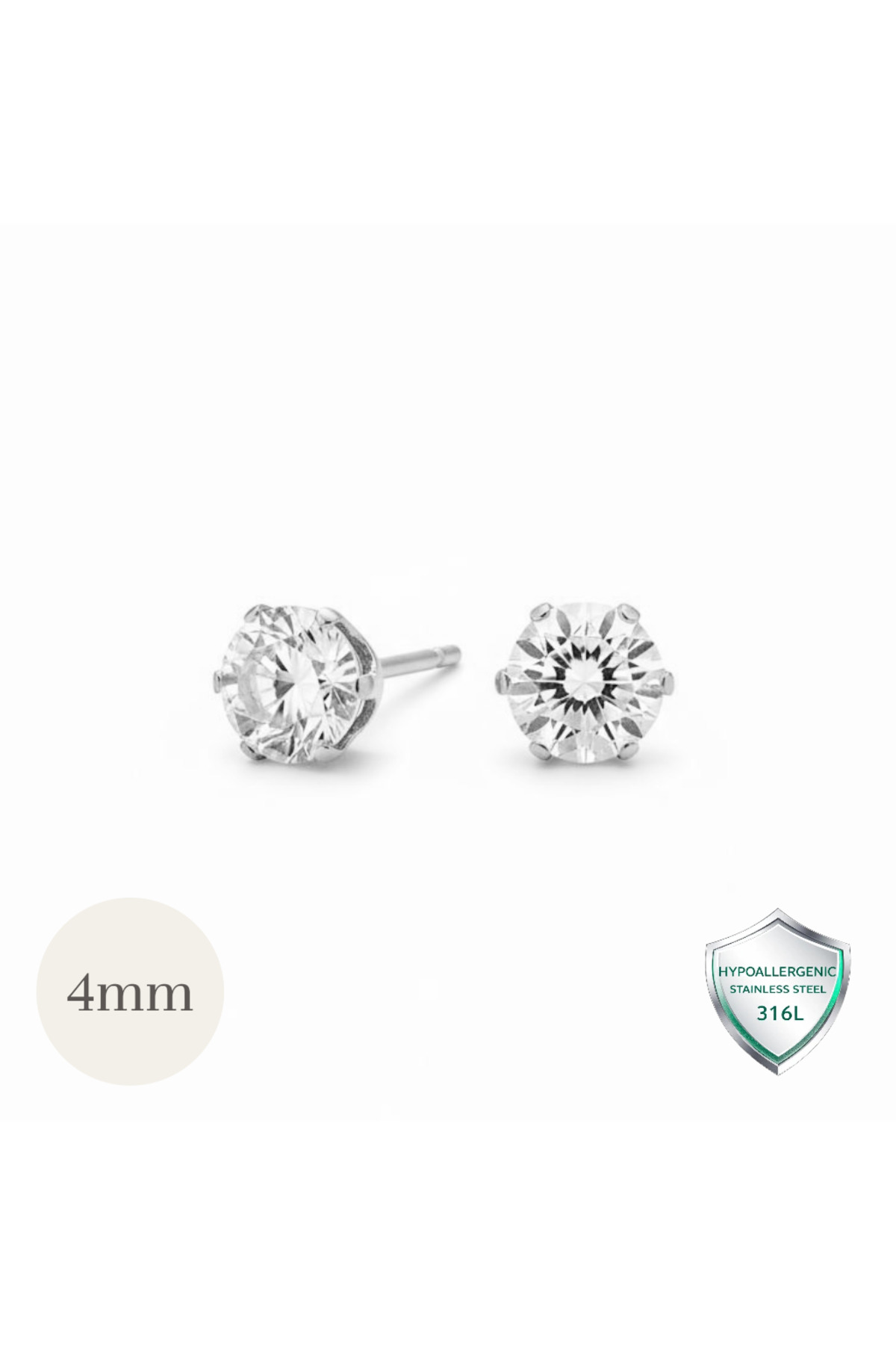 2 X Non-Allergic Cubic Single Stone Zircon Taurus Virgo Lobe Impuria Steel Earrings-4 MM