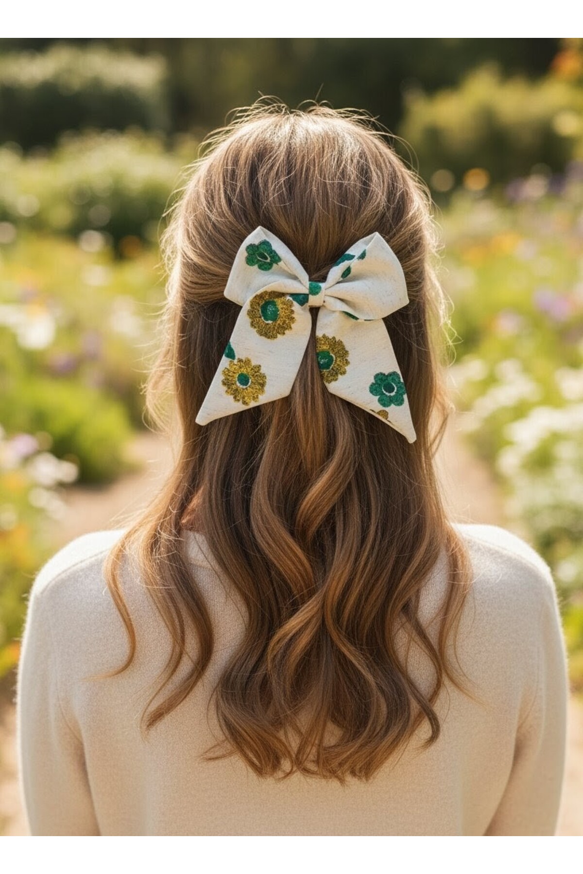 Green Yellow Cream Handmade Self-Patterned New Fashion Linen Women's Automatic Bow Buckle