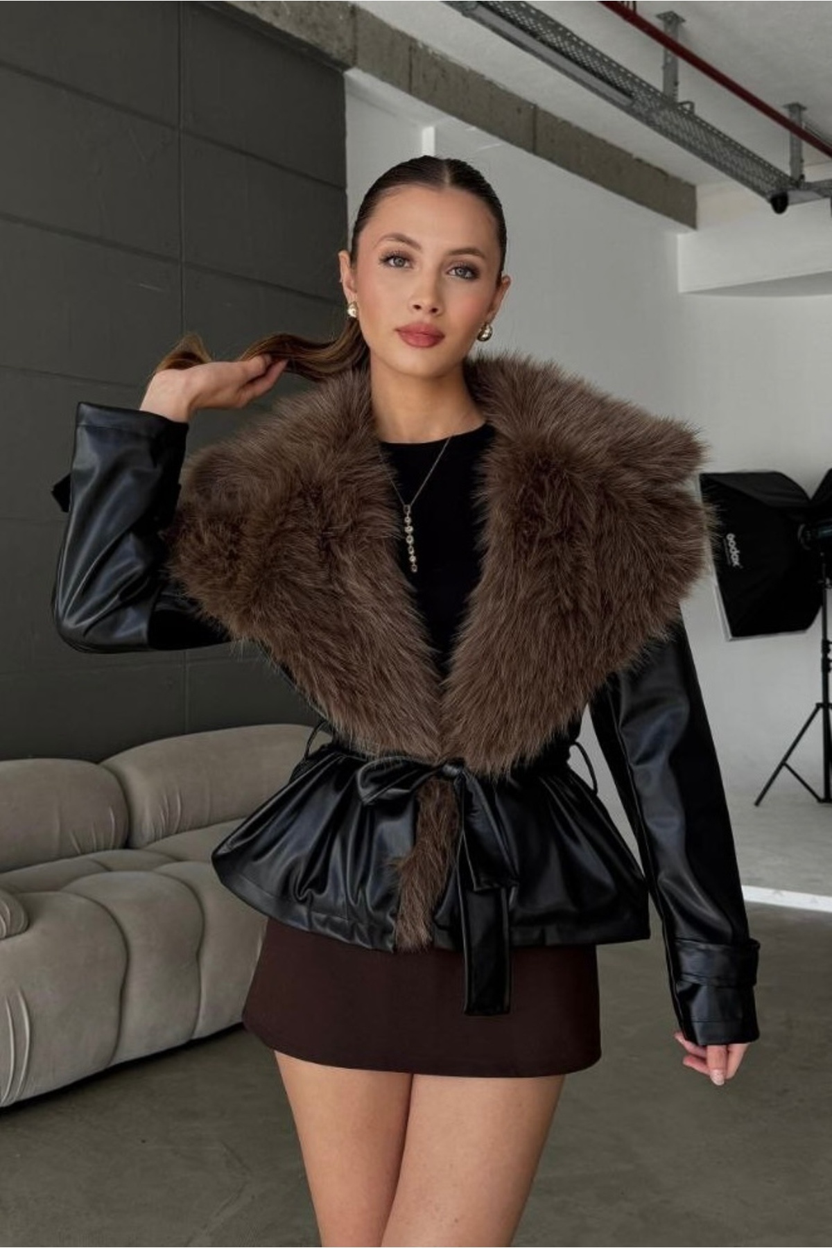 GM Butikk Yeni Sezon Kadın Deri Mont Kürk Yaka Mont Deri Kürk Yaka Deri Ceket Mont Kadın