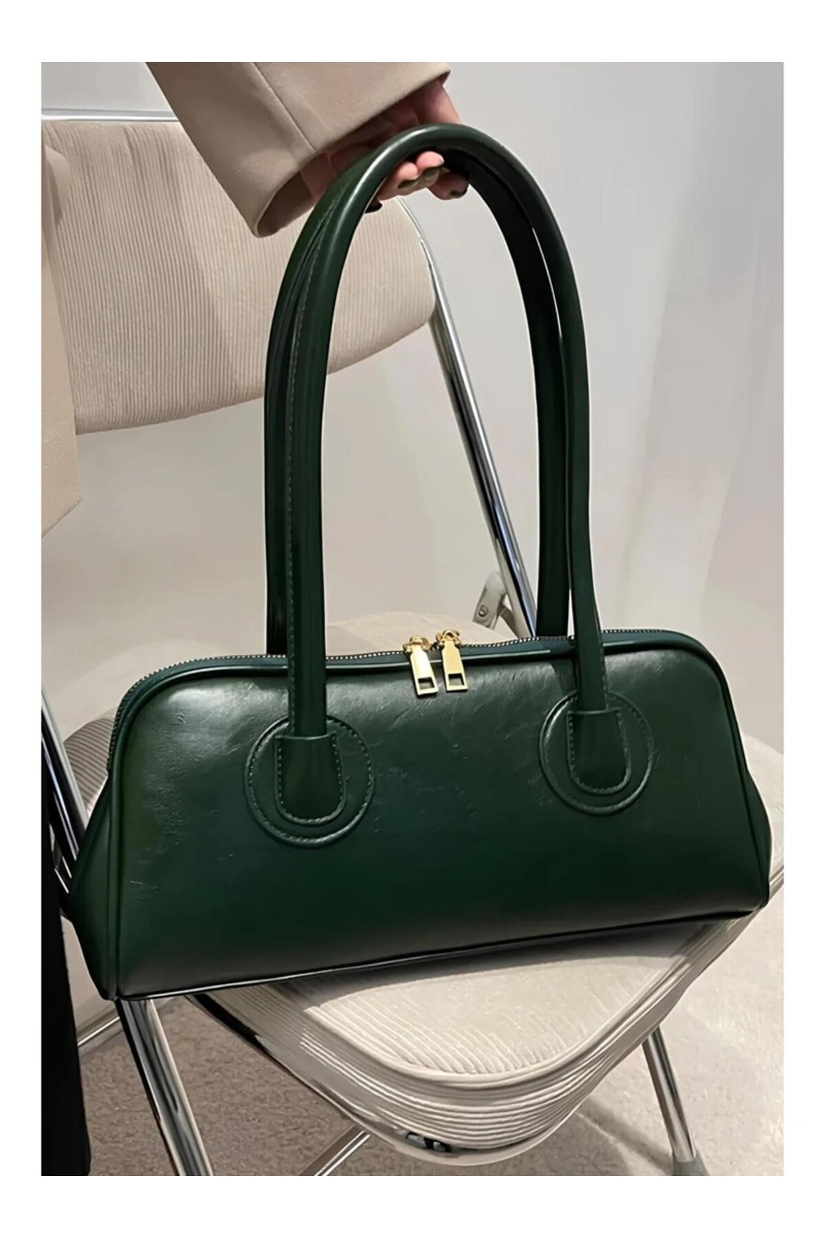 Haki Meva Çift Fermuarlı Haki Baget EL ve Kol Çantası Shopper Model