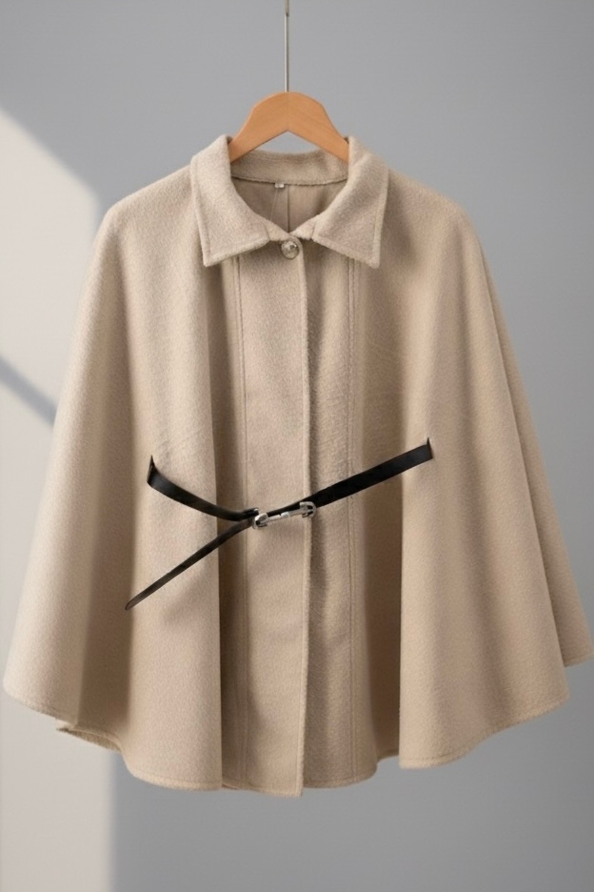 İmajButik Bej Kemerli Kaşe Panço