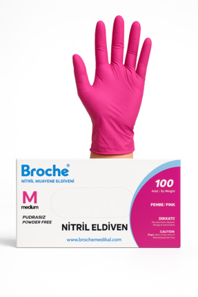 Broche Fuşya Pembe Nitril Muayene Eldiveni 100’lük Kutu - MEDİUM