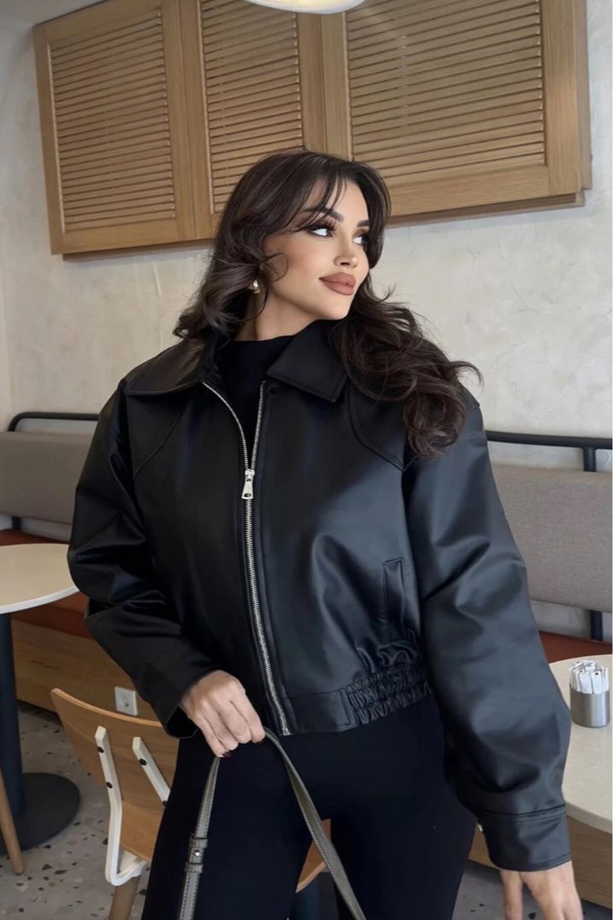 moda armanc  Yakalı Suni Deri Bomber Ceket - Görsel 5