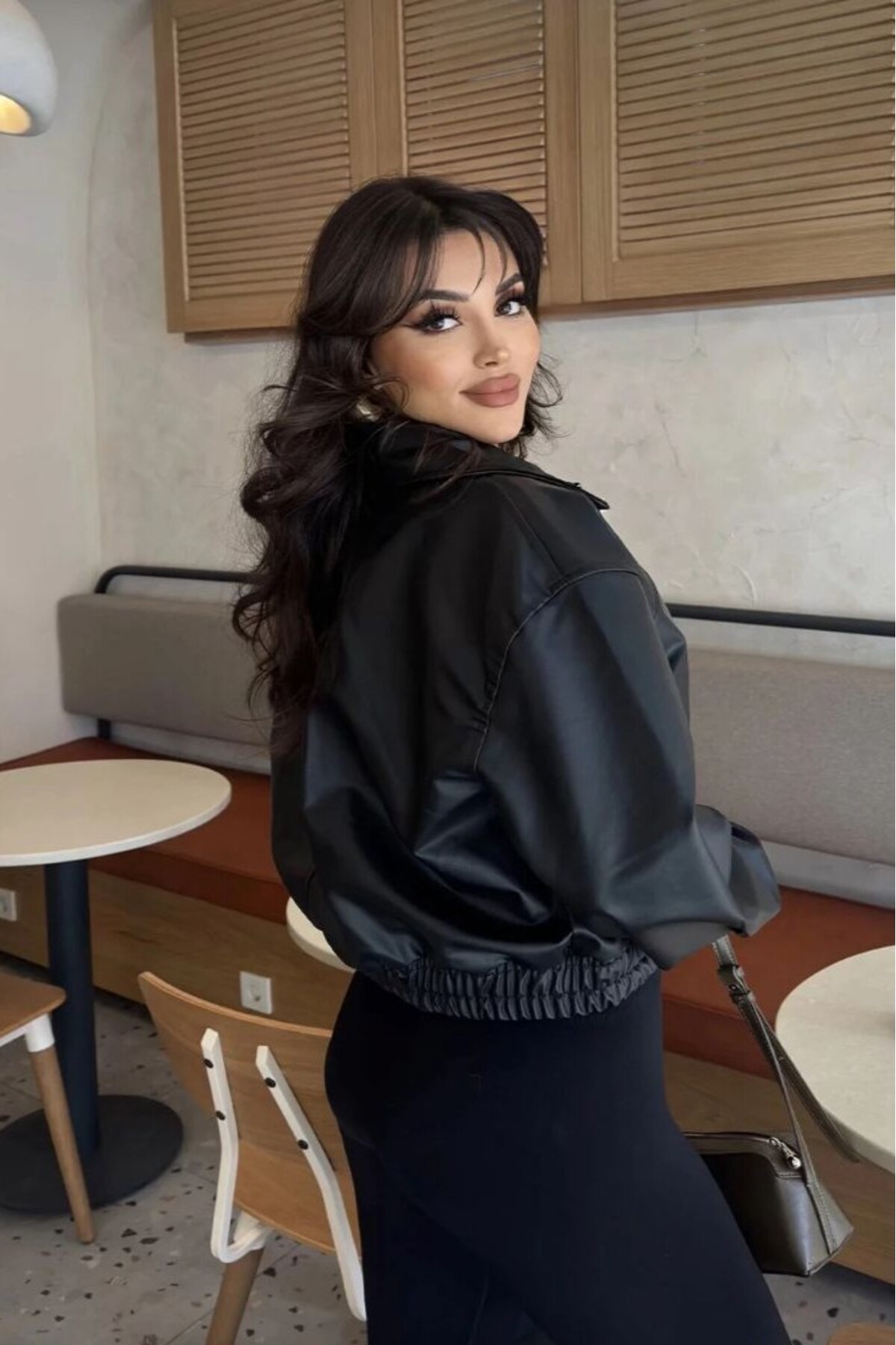 moda armanc  Yakalı Suni Deri Bomber Ceket - Görsel 8