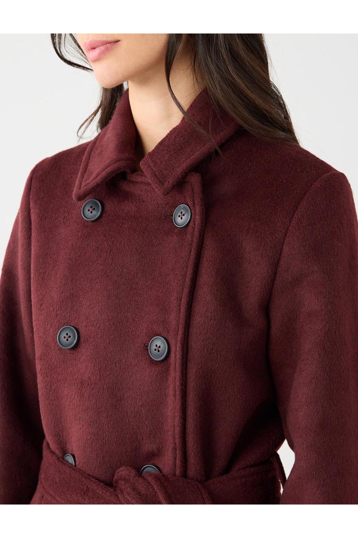 Jimmy Key  Bordo Kruvaze Yaka Kemer Detaylı Kaşe Kaban - Görsel 6