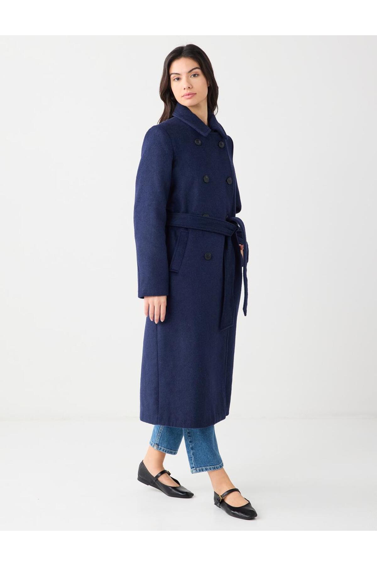 Jimmy Key  Lacivert Kruvaze Yaka Kemer Detaylı Kaşe Kaban - Görsel 5