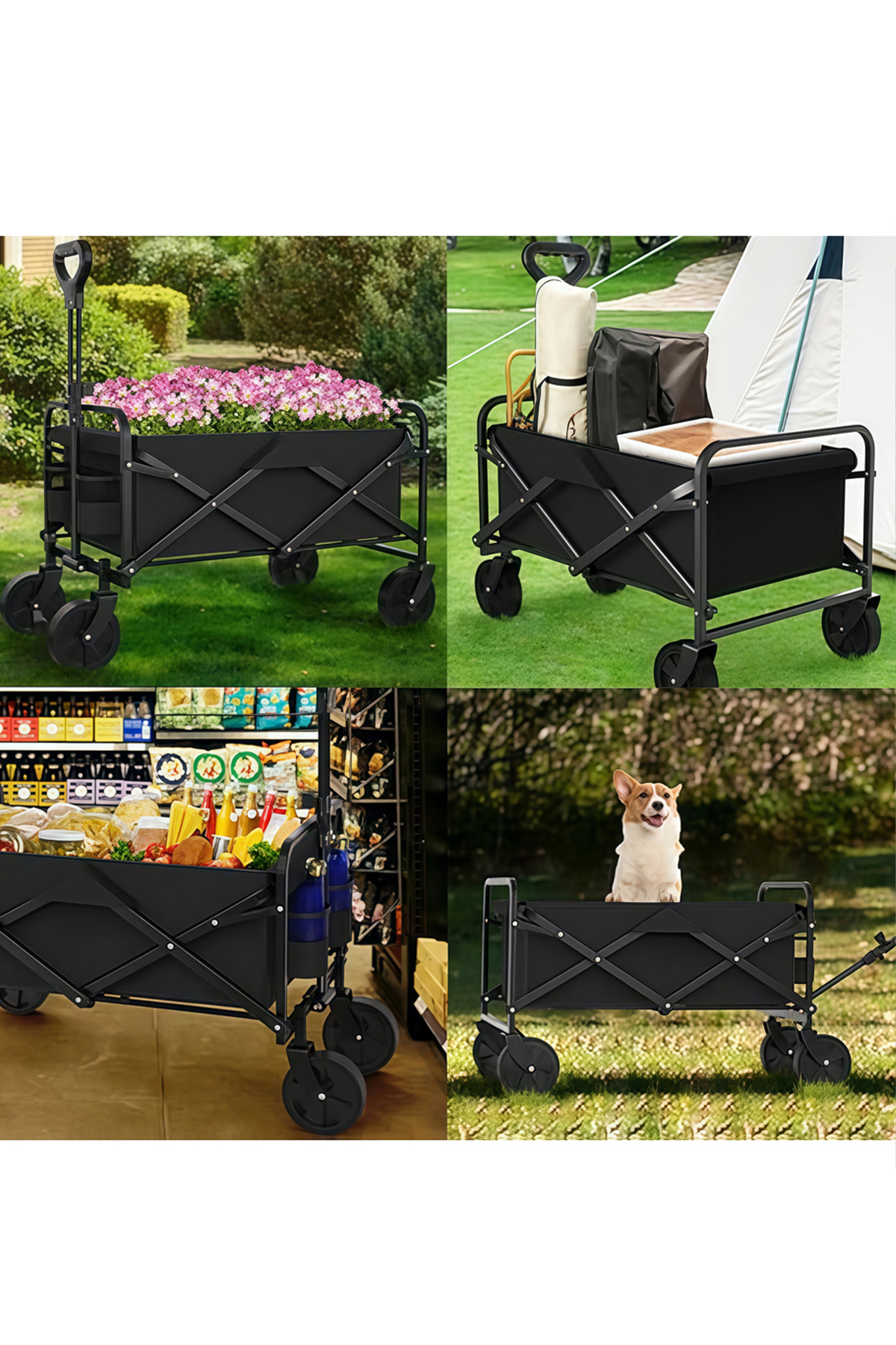 عربة تخييم قابلة للطي، ذات سعة كبيرة وعجلات متينة قابلة للفصل للرحلات والتخييم