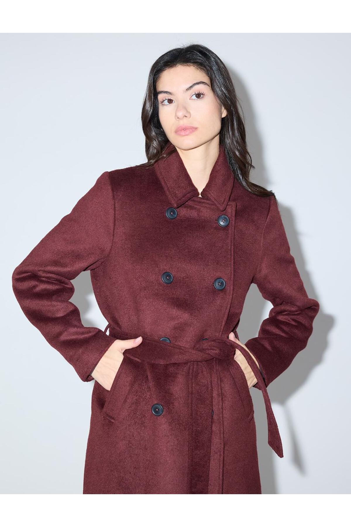 Jimmy Key  Bordo Kruvaze Yaka Kemer Detaylı Kaşe Kaban - Görsel 2