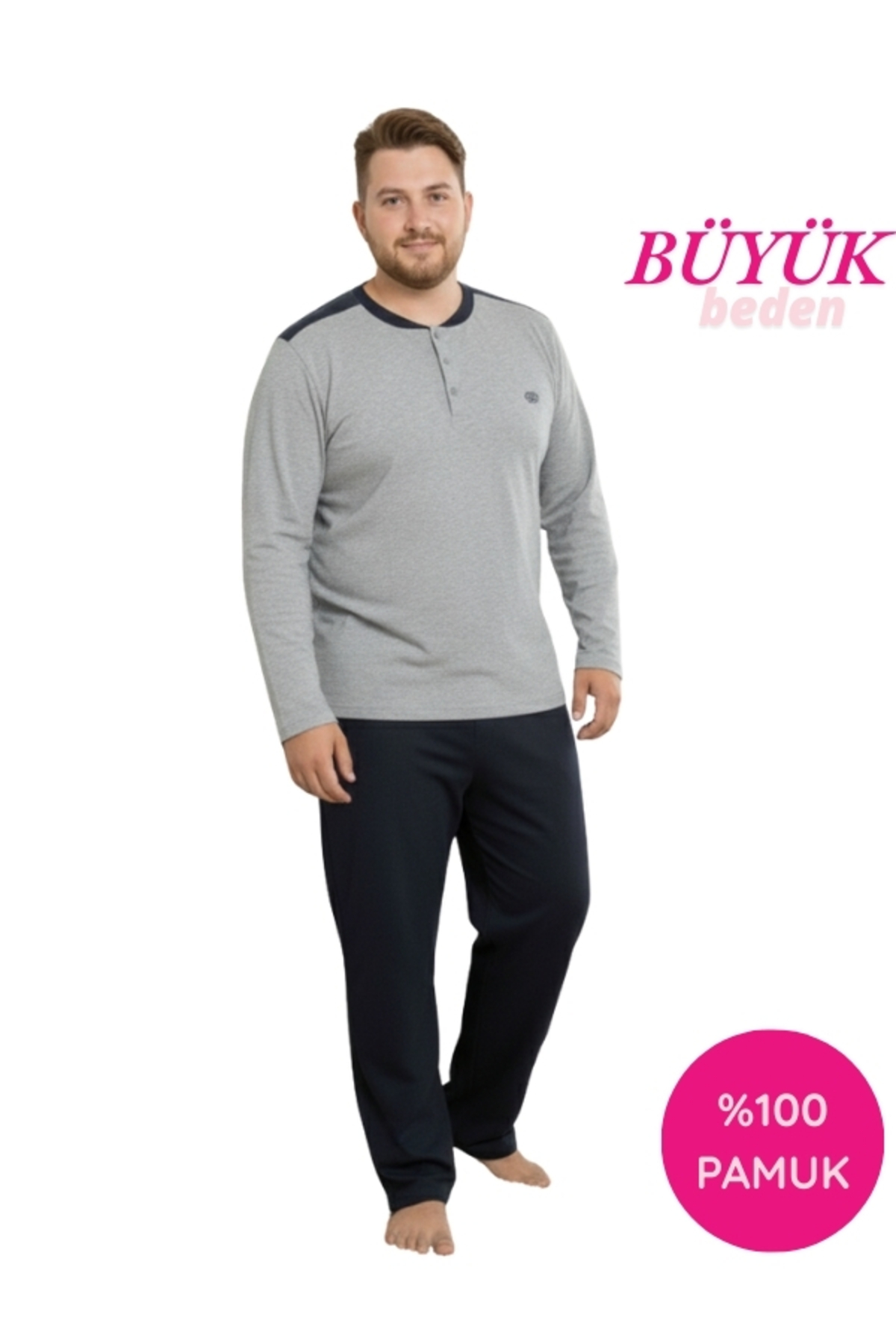 Men's Light Grey 3 Button Chest Pocket Seasonal Long Sleeve 100% Cotton Plus Size Pocket Pajamas Set