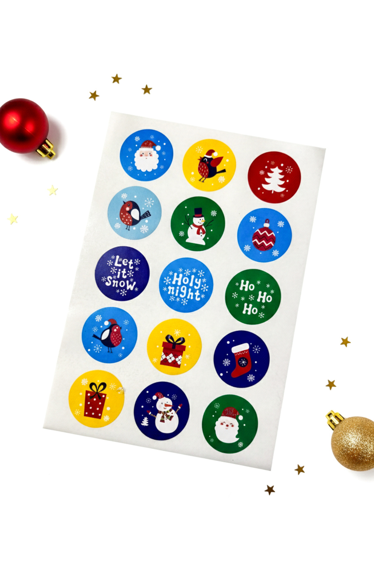 repro design 5 cm Yuvarlak Parlak Yılbaşı Etiket Seti – 15 Adet Noel Sticker Hediyelik Paket Süsleme