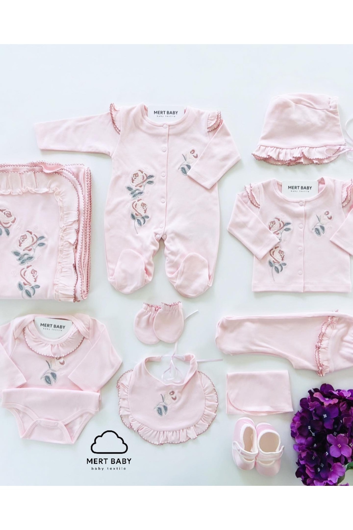 Mert Baby Fırfırella Nakış İşlemeli 10'lu Organik Hastane Çıkış Seti %100 Pamuk Yenidoğan Pembe Kız Bebek fotoğrafı 2 (önizleme)