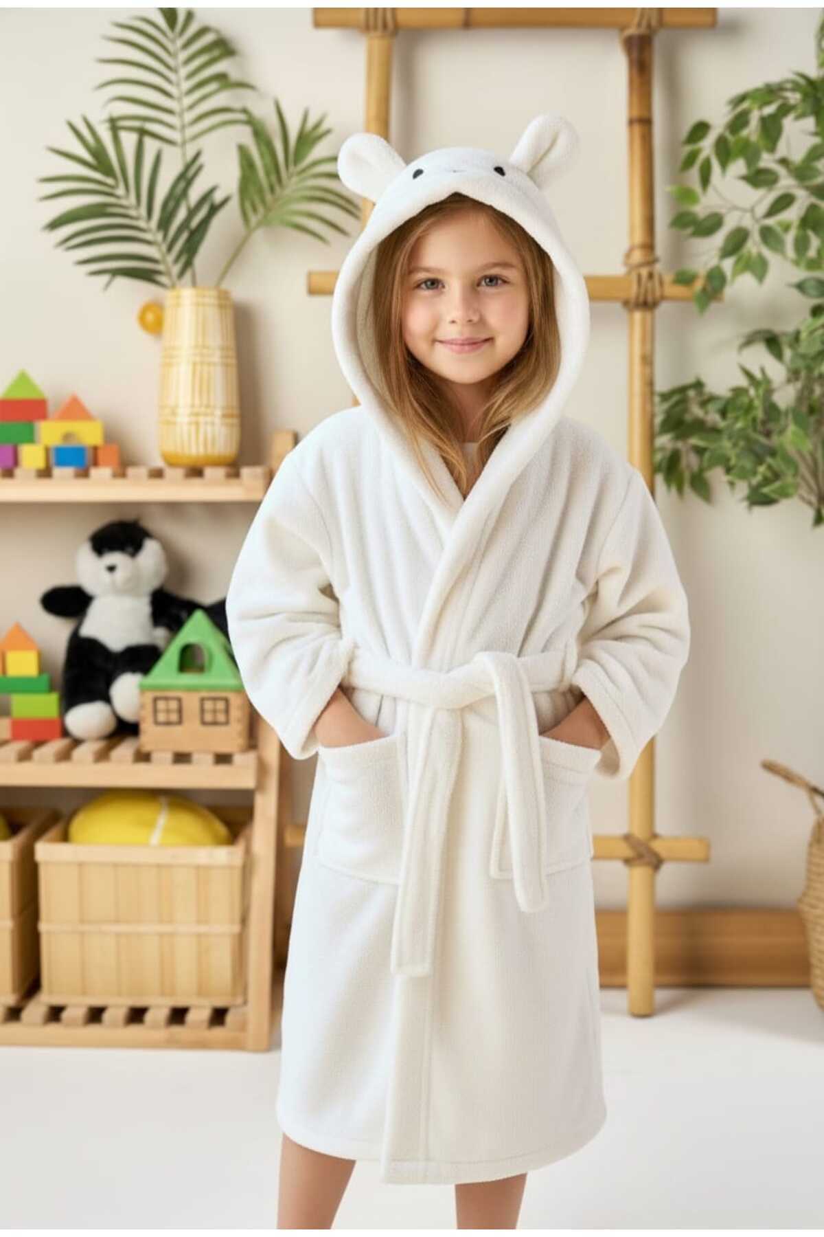 PAMUK HANIM Kapşonlu Pamuklu Yumuşacık Kız-erkek Çocuk havlu Bornozu kulaklı Ekru / Tavşan fotoğrafı 2 (önizleme)