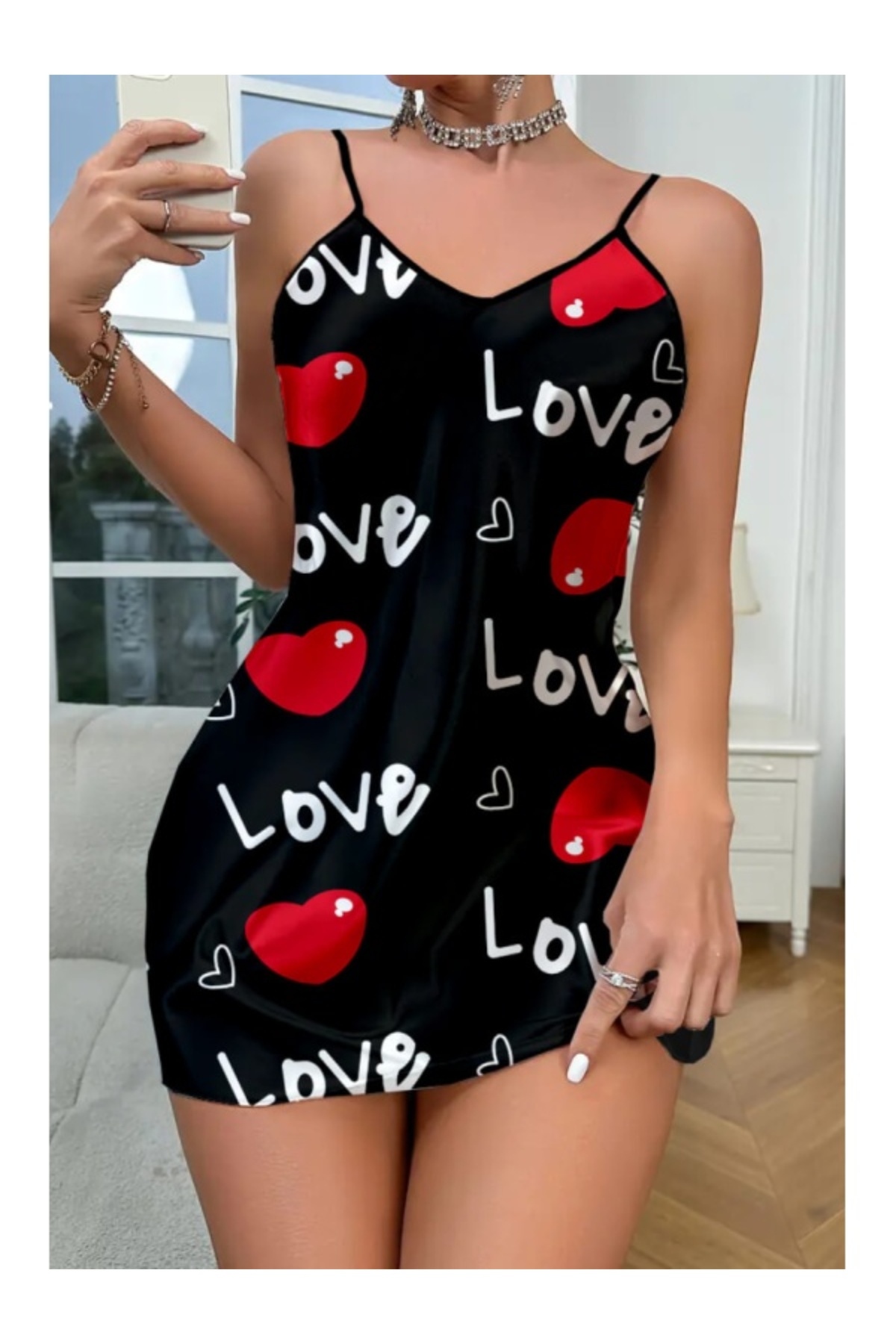 Cicişim Siyah Aşk Temalı Kalp Desenli Yırtmaç Detaylı Saten Gecelik