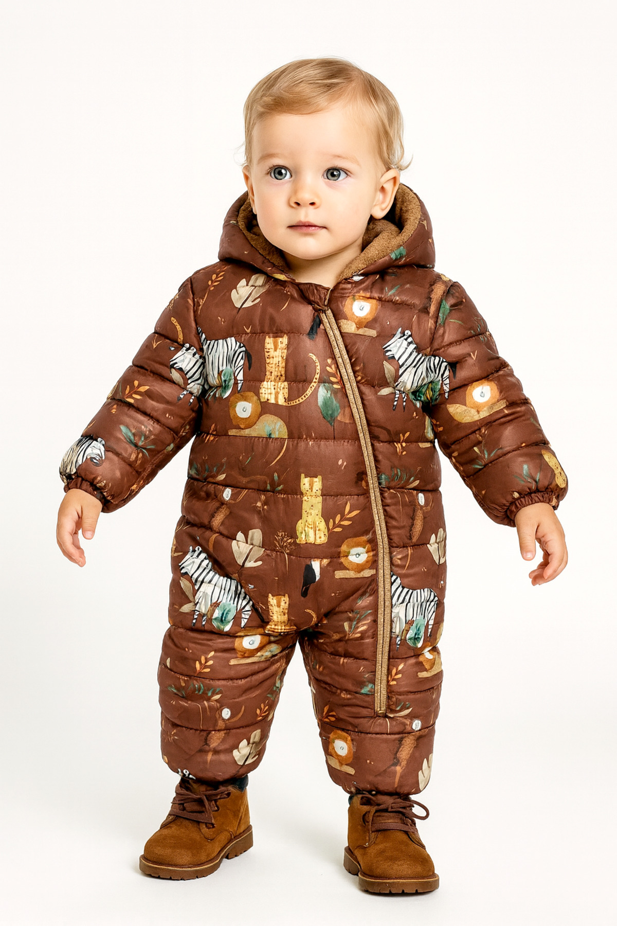 Safari Patterned Furry Hooded Baby Boy Brown Astronaut Cosmonaut Jumpsuit