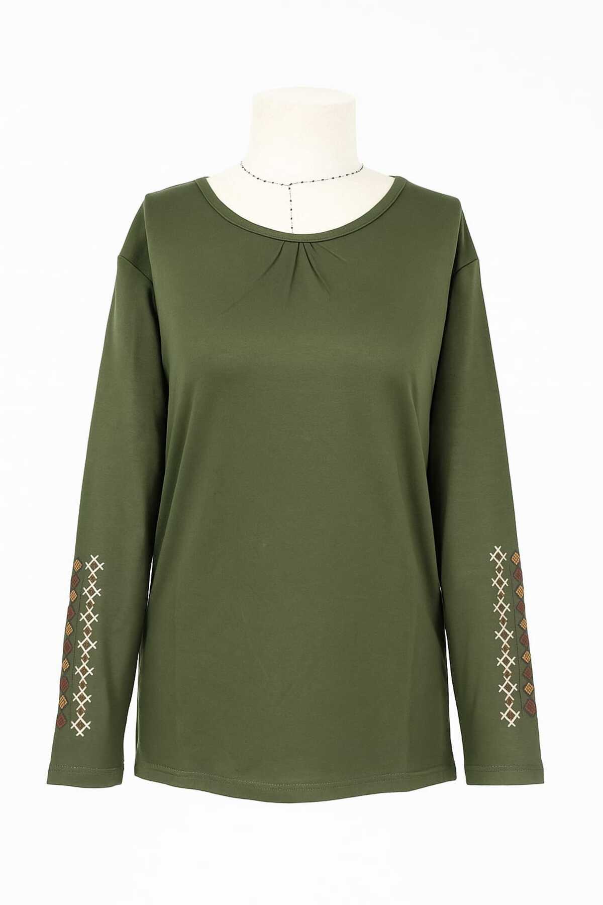 Nacar Moda  Kadın Likralı Orta Yaş Ve Üzeri Dört Mevsim Haki Anne Penye Bluz Yeni Sezon Kolu İşlemeli - Görsel 8