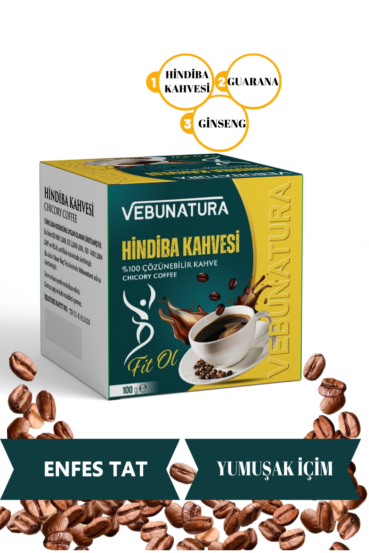 VEBUNATURA Hindiba Kahvesi, Guarana,Ginseng Kahve 1 Aylık -( 60 Kullanım ) NET 100gr
