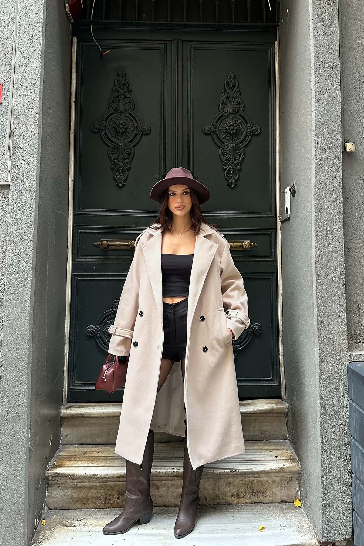 My Loore  Kadın Bej Oversize Kuşaklı Astarlı Premium Kaşe Kaban | Geniş Kalıp Lüks Kışlık Model MLB077 - Görsel 5