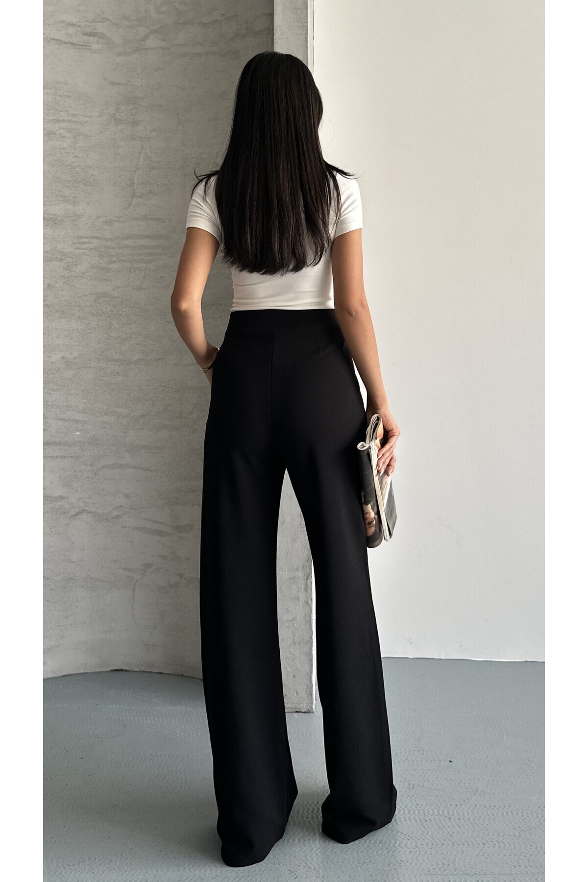 modazoom Damskie czarne plisowane spodnie palazzo z wysokim stanem