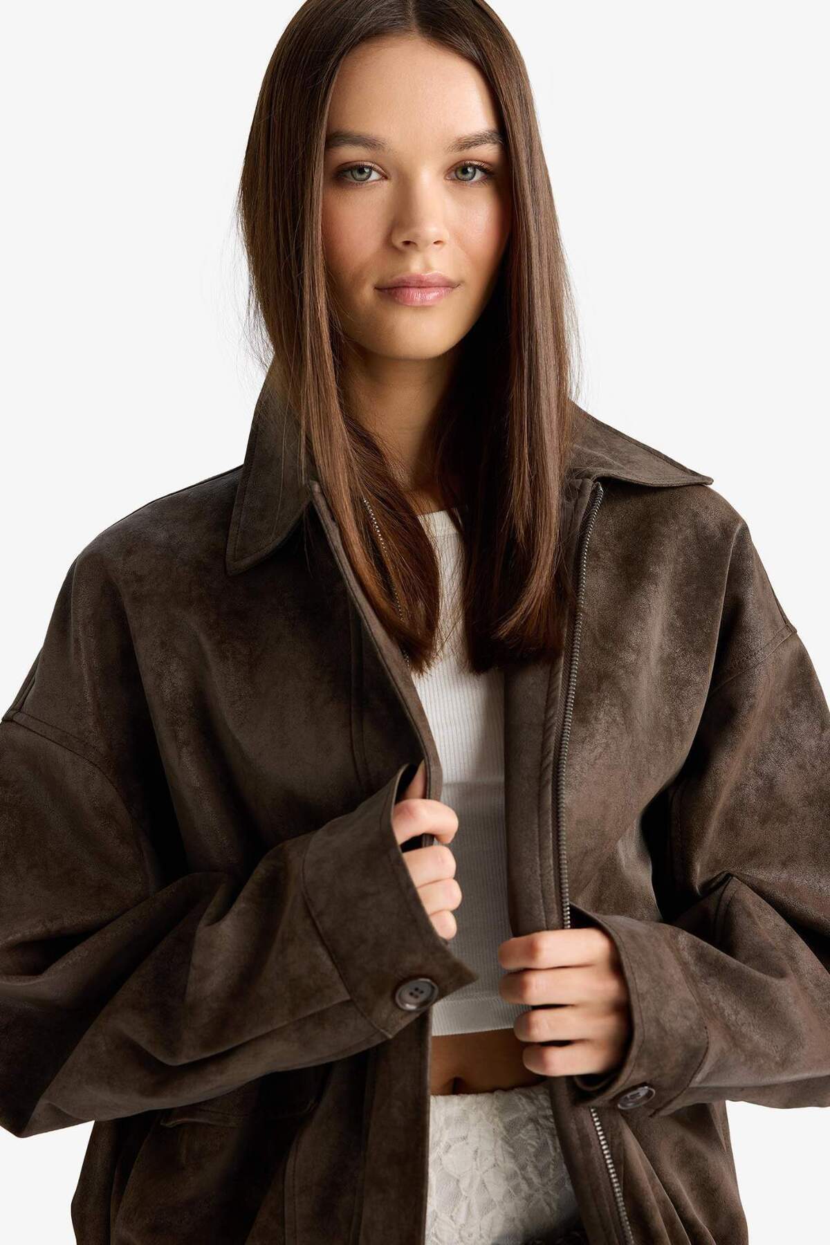 Defacto  Afra x Dad Fit Polo Yaka Fermuarlı Süet Ceket F9502AX25AU - Görsel 8