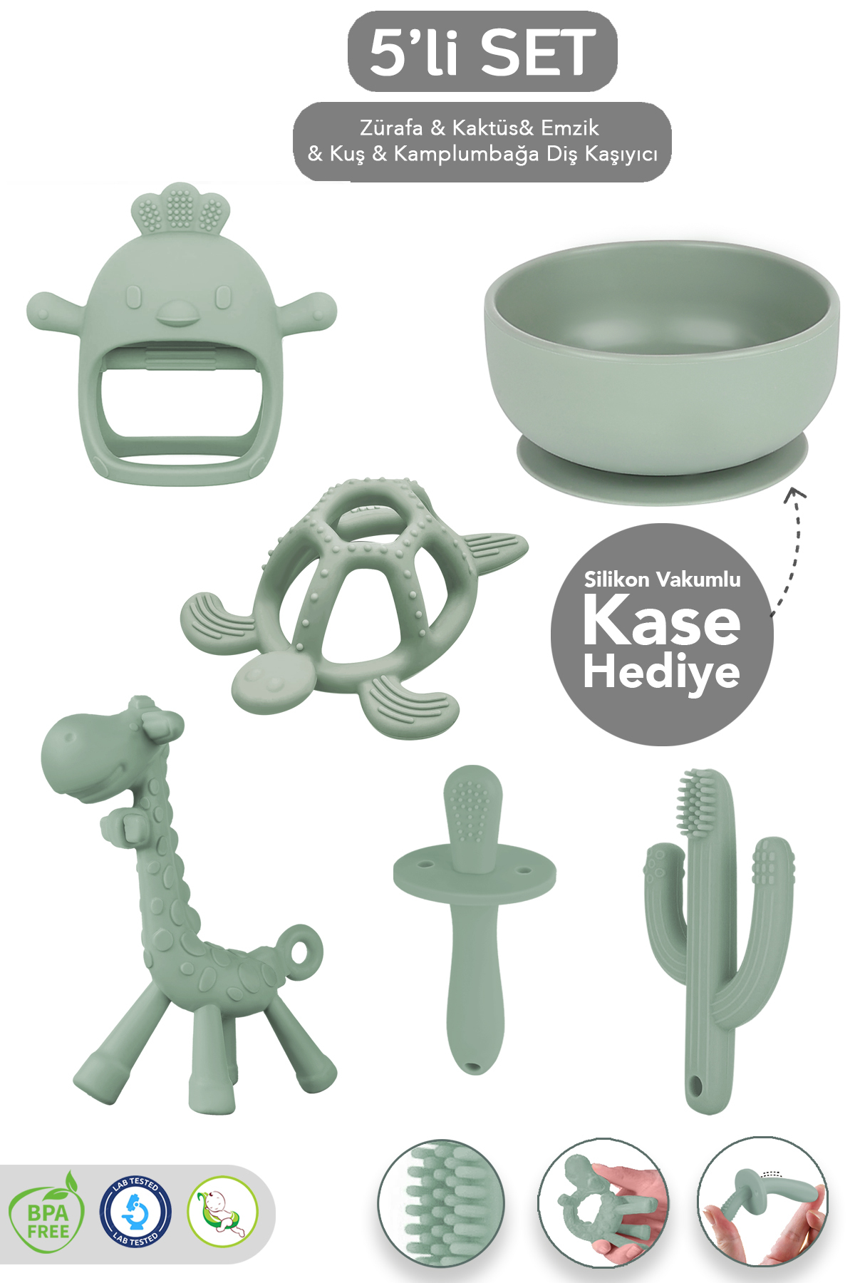 5-Piece Silicone Teether Set - Animal and Cactus Shaped Teether Set with Vacuum Bowl Gift Green