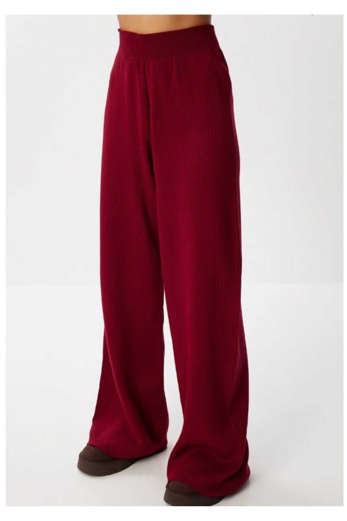 Ensemble tricot bordeaux à enfiler pour femme à motif torsadé - Görsel 4