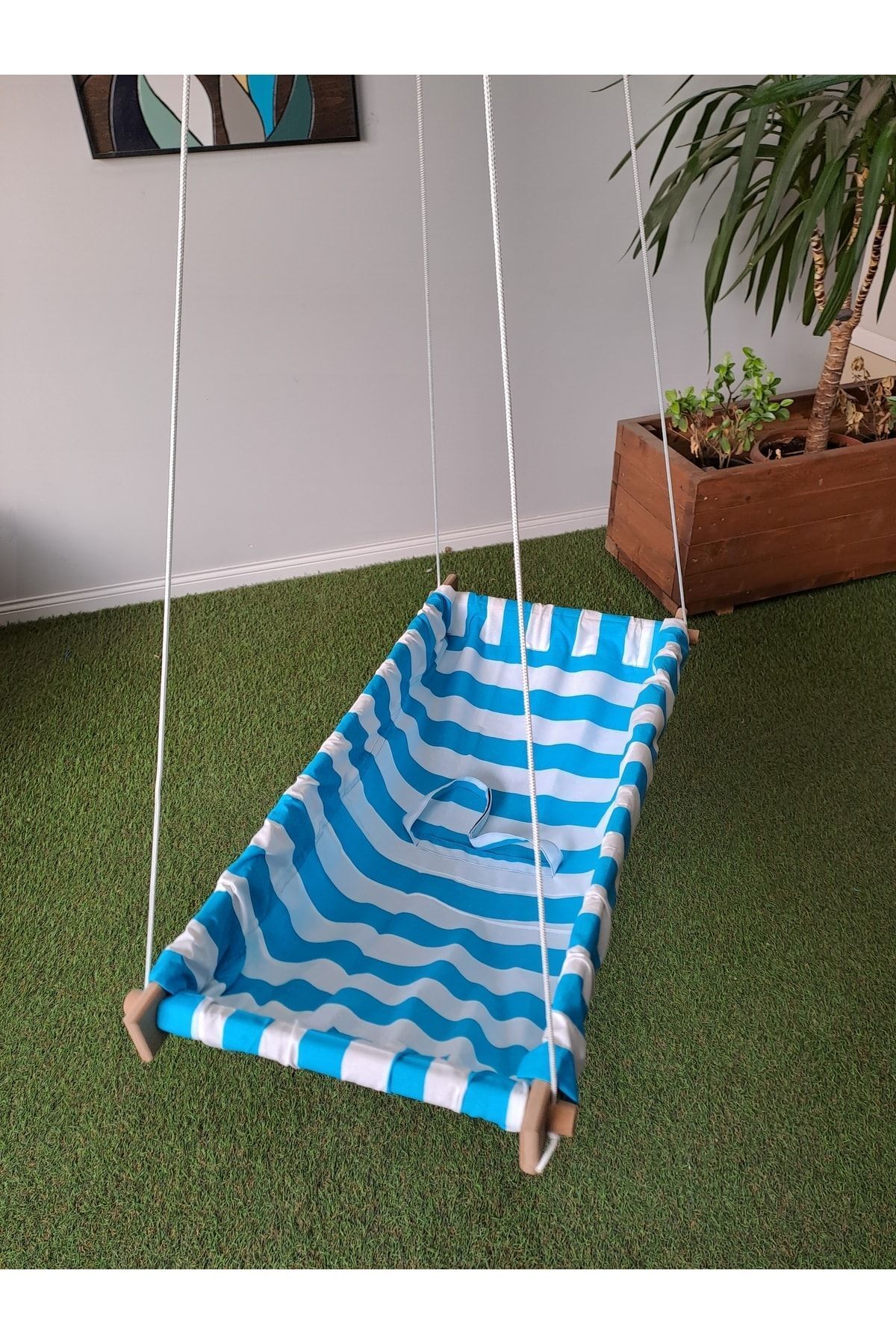 Svava Çizgili Ahşap Yaylı Zıpzıp Hamak Beşik Hoppala Tavana Asılan Hamak Salıncak Bebek Yatağı fotoğrafı 4 (önizleme)