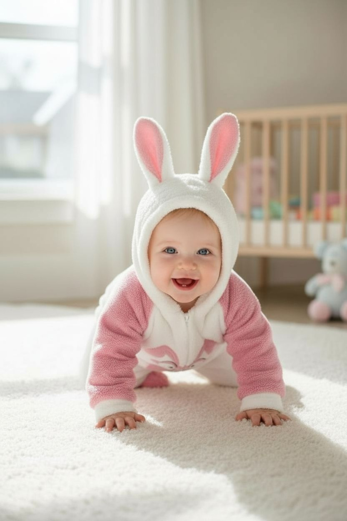 eomix kids Kışlık bebek tulum tavşan figürlü Welsoft puf kumaş tavşan nakışlı çıtçıtlı 6-9 ay fotoğrafı 2 (önizleme)