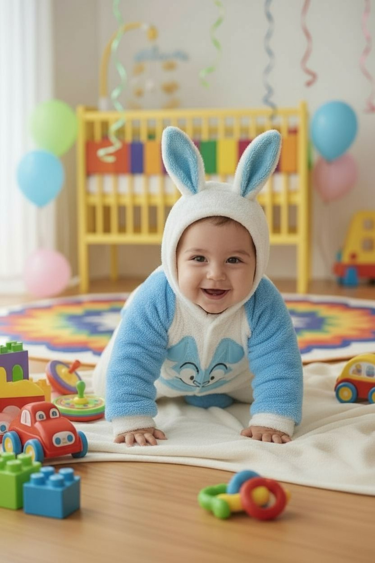 eomix kids Kışlık bebek tulum tavşan figürlü Welsoft puf kumaş tavşan nakışlı çıtçıtlı 6-9 ay fotoğrafı 2 (önizleme)