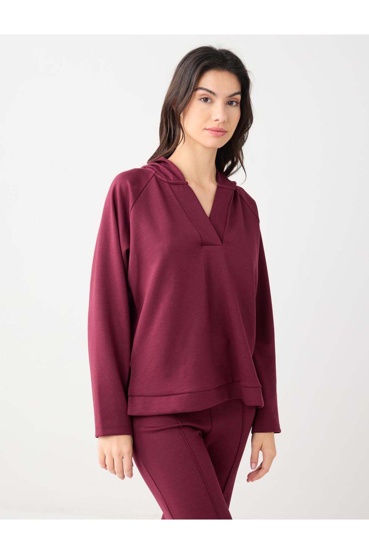 Jimmy Key  Bordo Uzun Kollu Kapüşonlu Örme Sweatshirt - Görsel 4