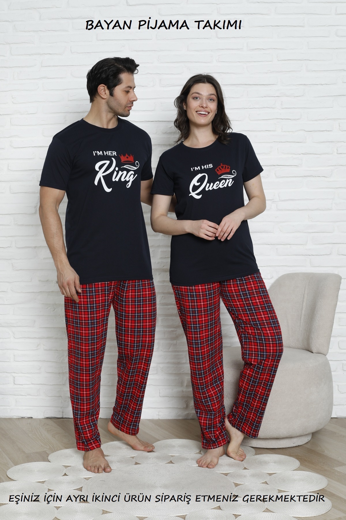 MODAREYA Sevgililer, Çiftler Için Eşli Kombin Kısa Kollu Ekoseli Pijama Takımı