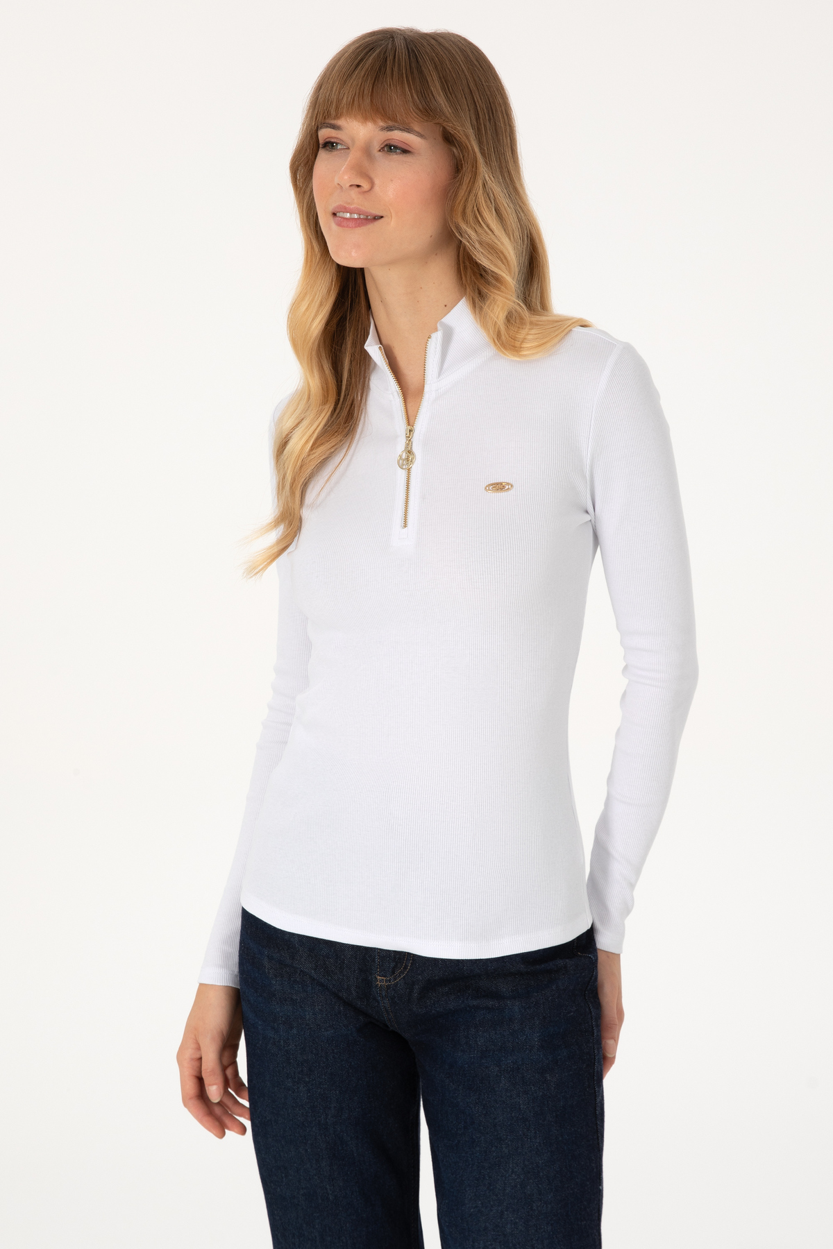 U.S. Polo Assn. Kadın Beyaz Fermuarlı Dik Yaka Sweatshirt 50313564