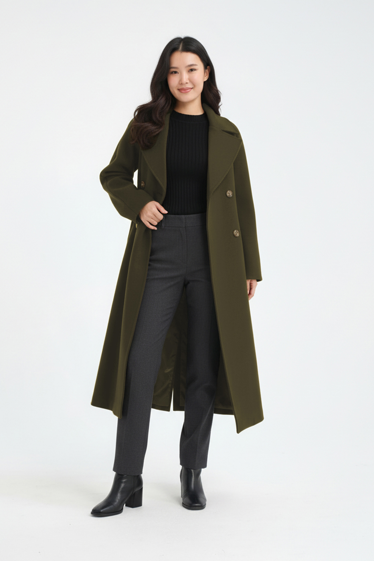 Soydan Güner  Kadın Yünlü Kruvaze Reglan Ara Boy (120 CM)(1 BEDEN BÜYÜK) Kaban Haki 1280 - Görsel 3