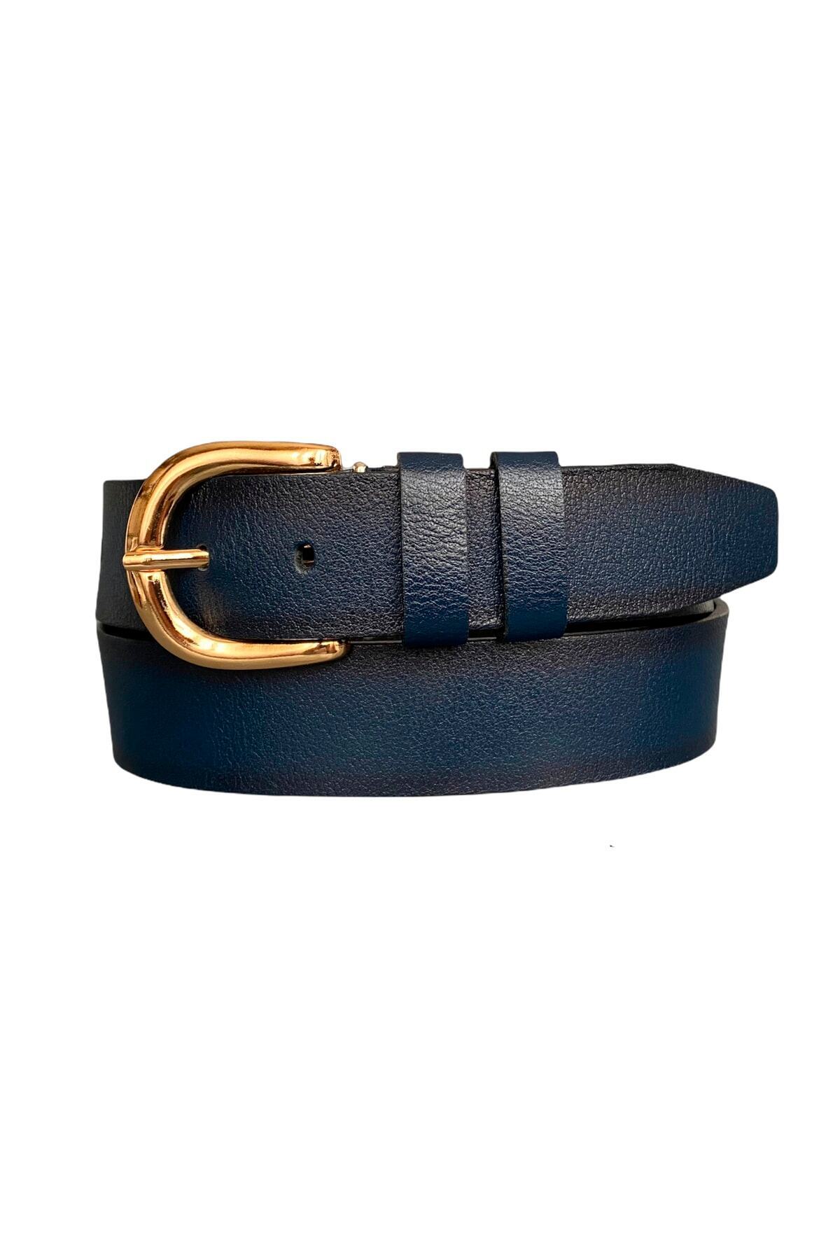 100% Genuine Leather, Navy Blue Women's Jeans with Gold Buckle, Sports Belt 4 Cm= an-byn-26