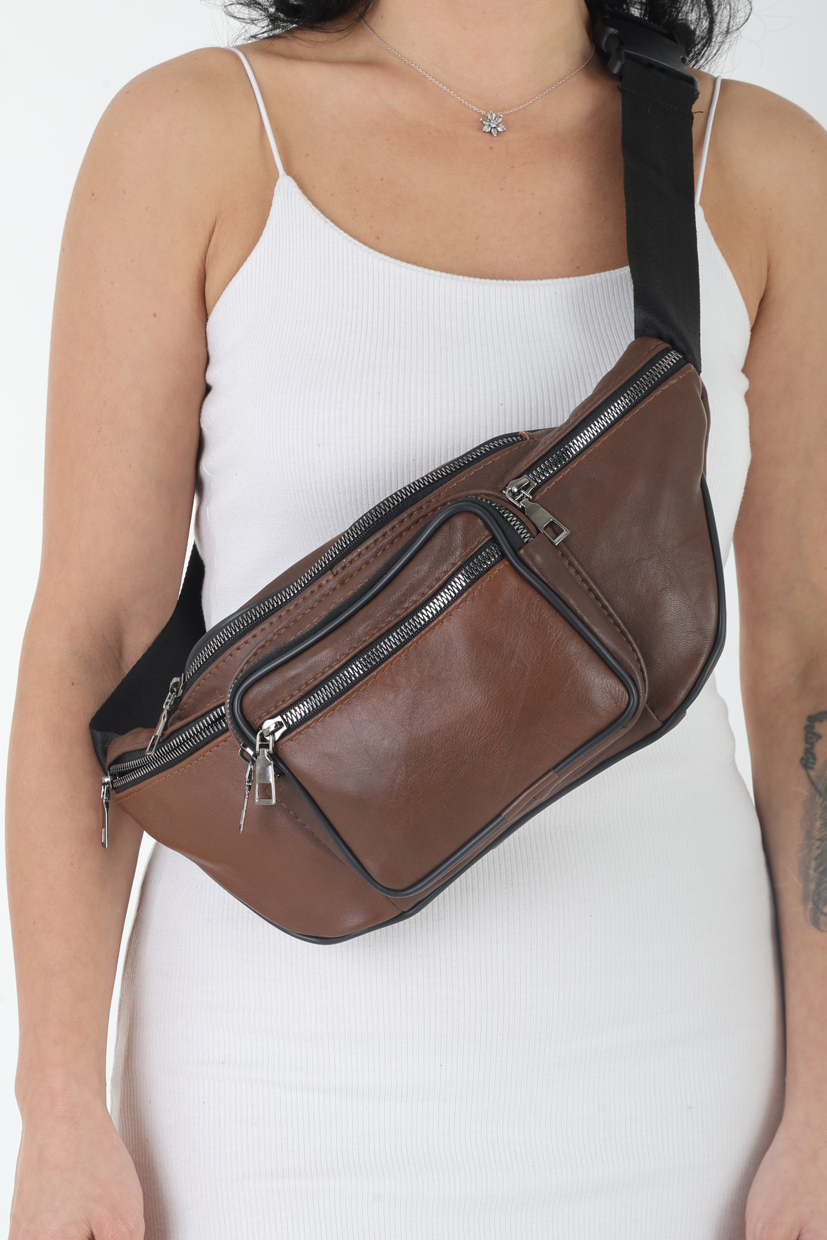 NahitaTyana Unisex Kahve Rengi Çok Cepli Hakiki Deri Freebag Bel Çantası görsel 2