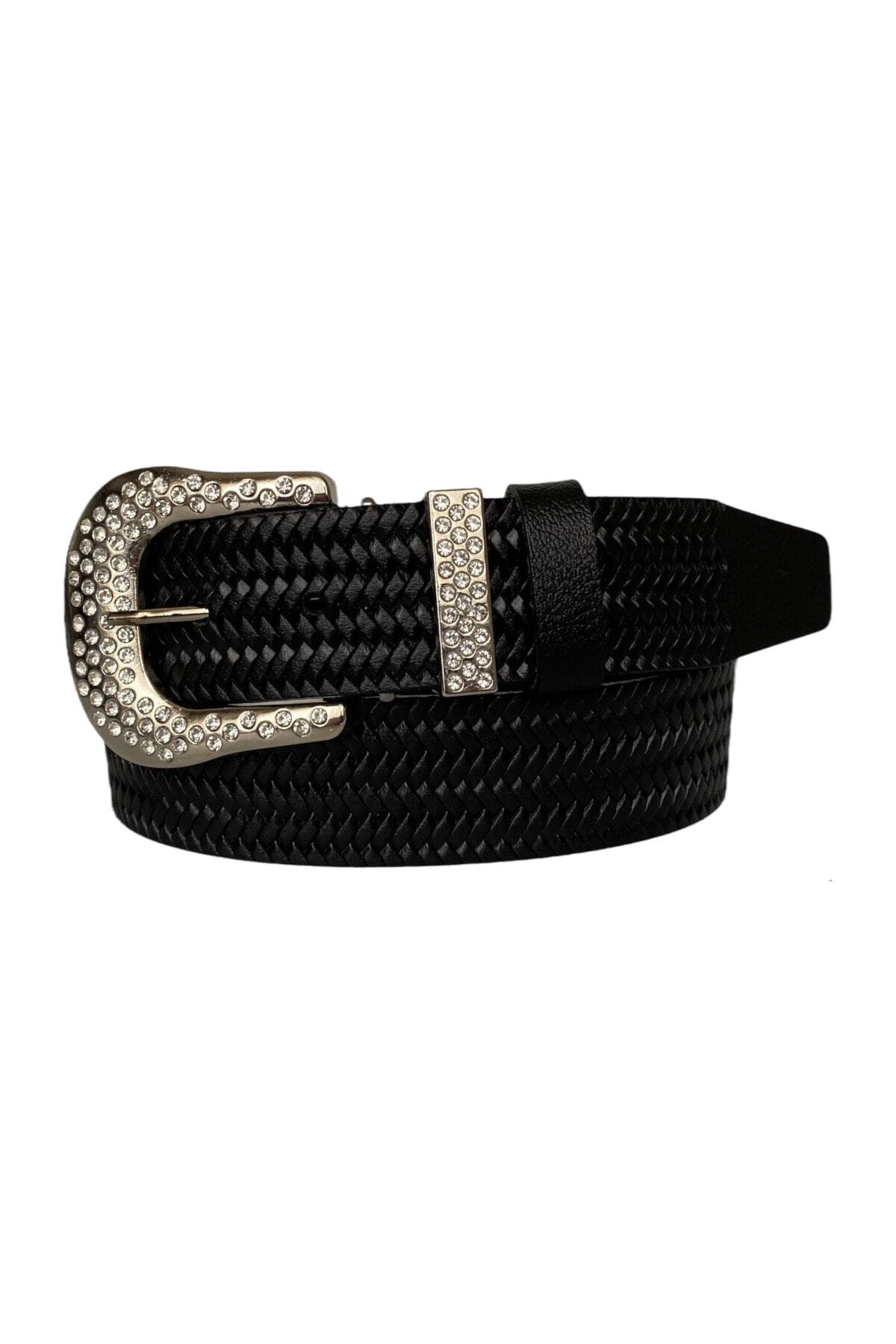 100% Genuine Leather, Black Women's Denim Belt with Silver Stone Buckle, Metal Stone Bridge 4 Cm= an-byn-66