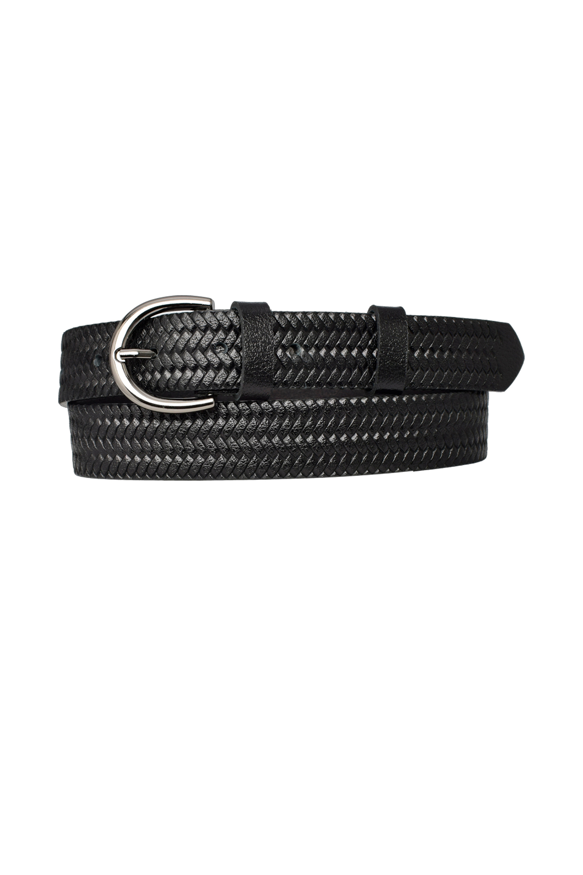 100% Genuine Leather Nickel Buckle Knit Pattern Black Slim Women's Belt, 3cm=3cm- kdn-03