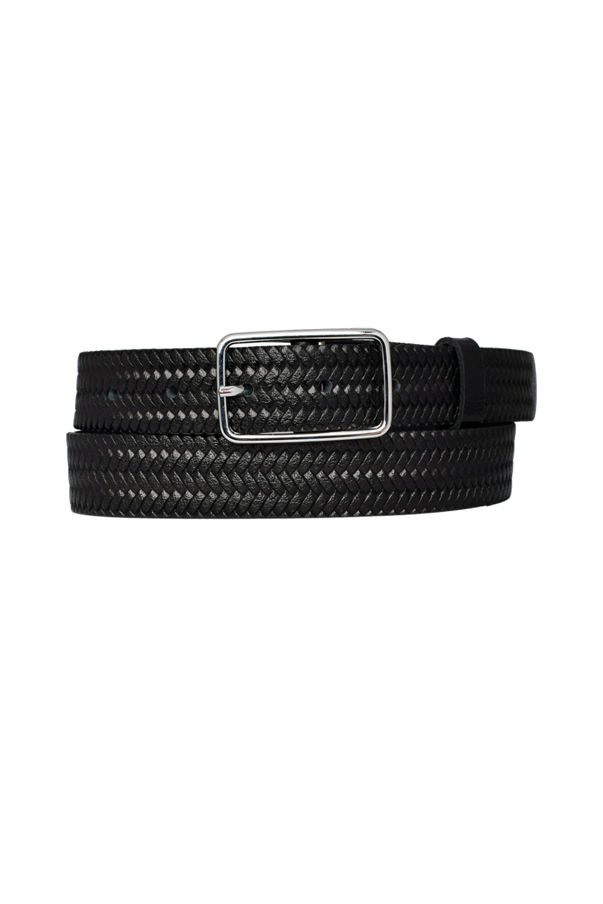 100% Genuine Leather Silver Buckle Knit Pattern Black Slim Women's Belt, 3cm= AN-BYN-40