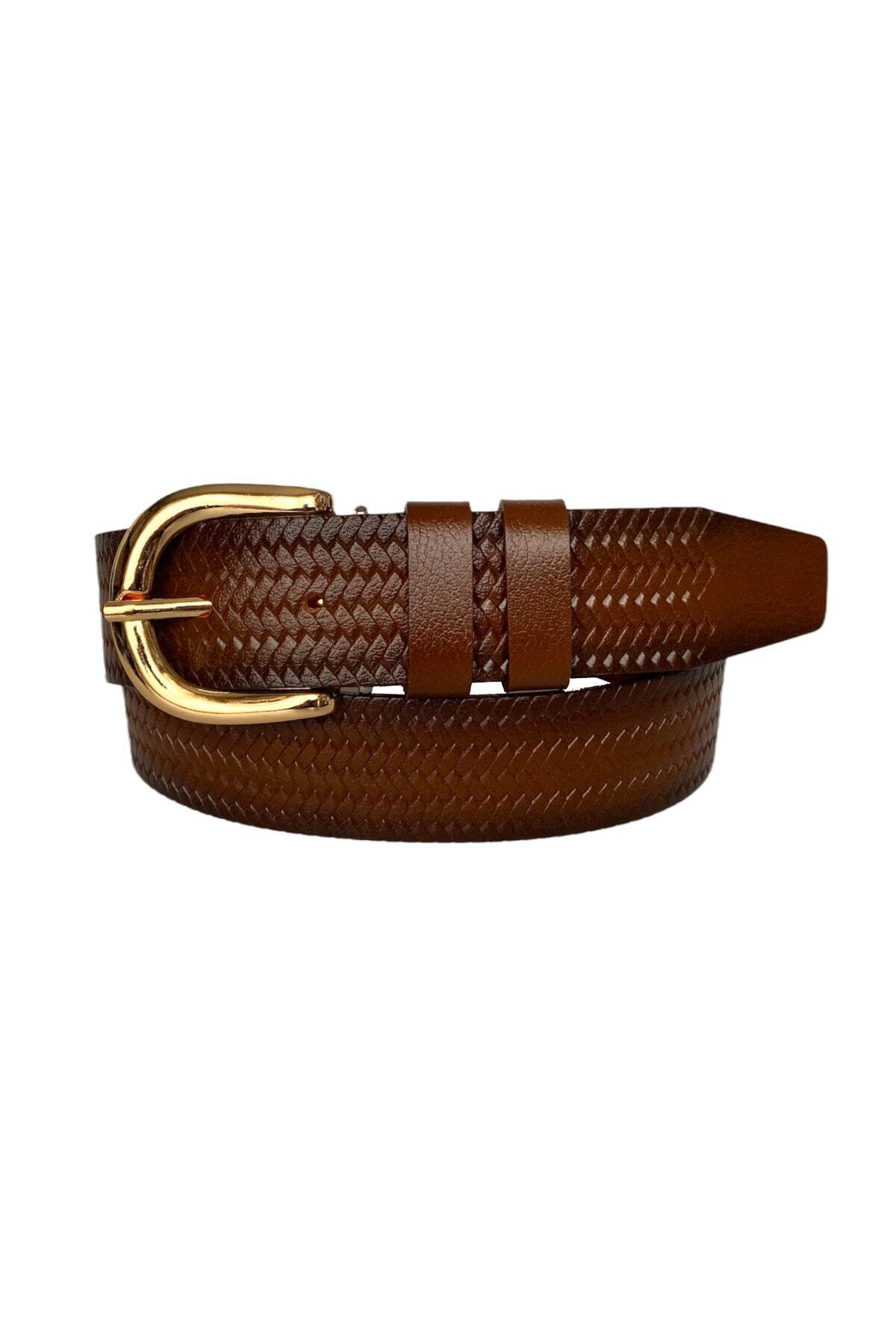 100% Genuine Leather, Brown Women's Jeans Belt with Gold Buckle 4 Cm= an-byn-26