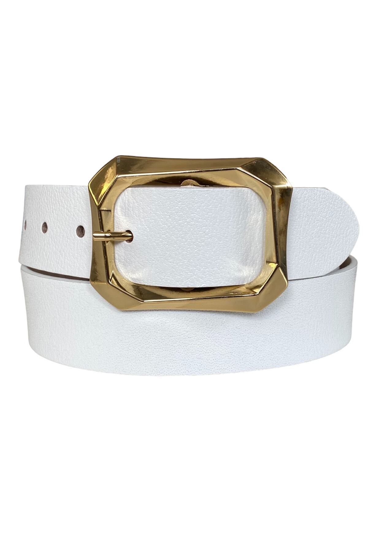 100% Genuine Leather, White Women's Jeans with Gold Buckle, Sports Belt 4 Cm= an-byn-08