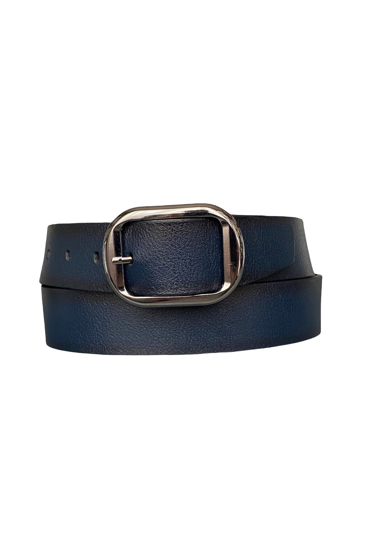100% Genuine Leather, Navy Blue Women's Jeans with Matte Silver Buckle, Sports Belt 4 Cm= an-byn-23