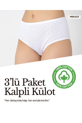 Miss Elit 3'lü Paket Beyaz %100 Pamuk Yüksek Bel Kalpli külot