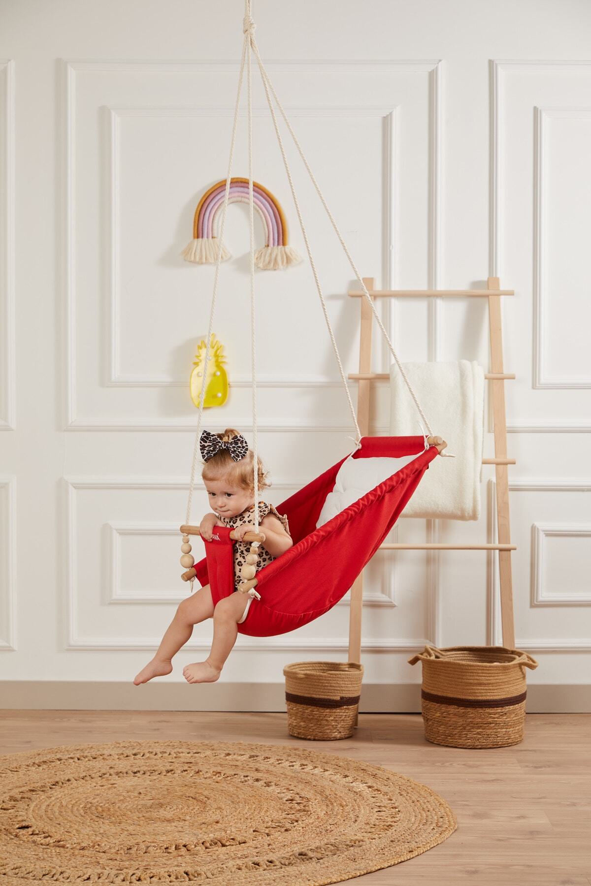 Svava Rüya Ahşap Bebek Hamak Salıncak - %100 Pamuk Ev Tipi Tavan Salıncağı (kırmızı) fotoğrafı 3 (önizleme)