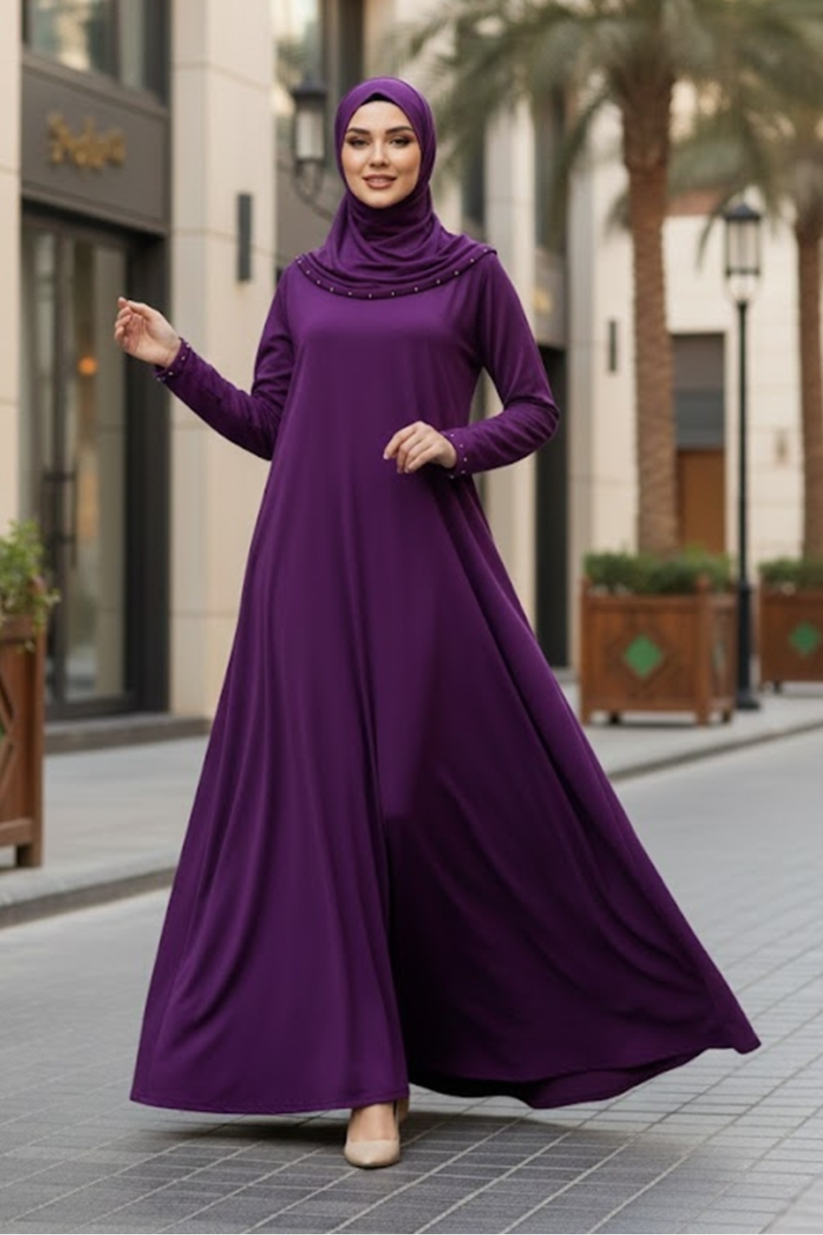 Bestenur Taşlı Pratik Tek Parça Namaz Elbisesi 1406 - Mor